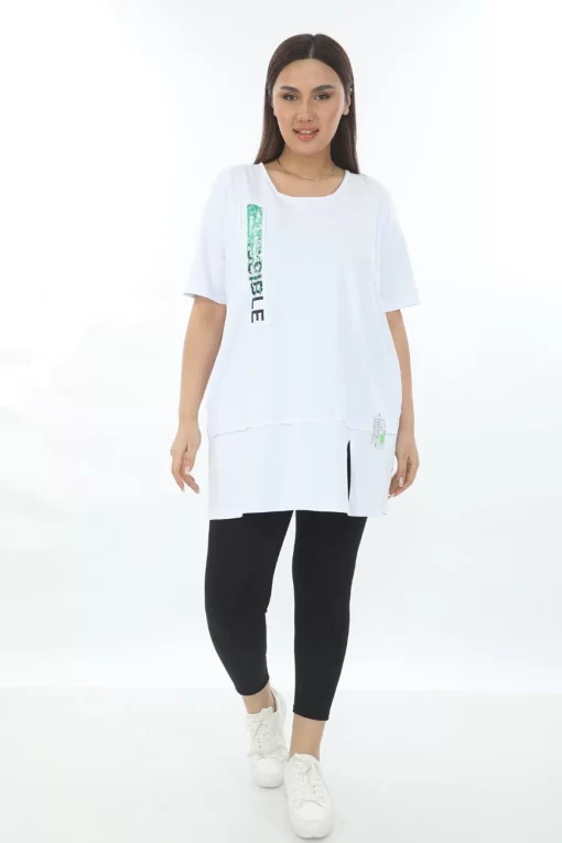 Beyaz Cep Detaylı Kadın Uzun Oversize Tişört