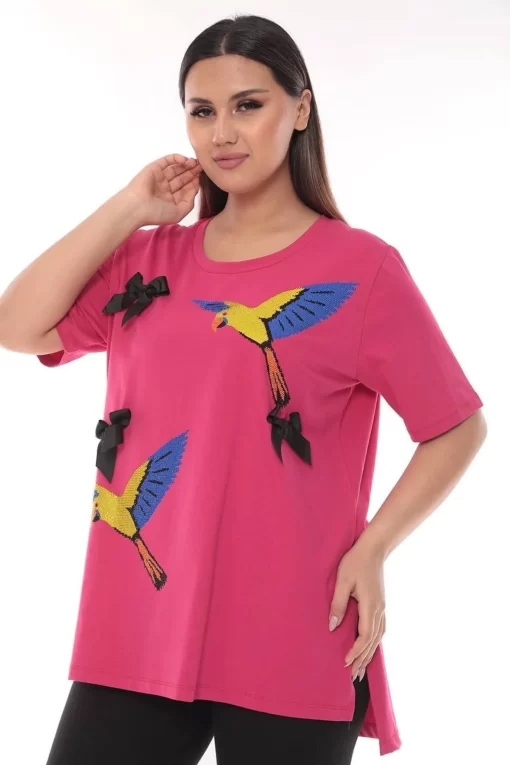 Kuş Detaylı Pembe Uzun Kadın Tişört