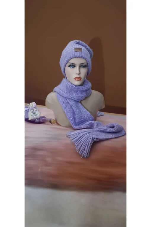 Lila Püsküllü Atkı Bere