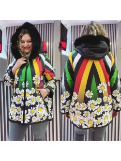 Papatya Baskılı İçi Peluşlu Kadın Kapüşonlu Mont