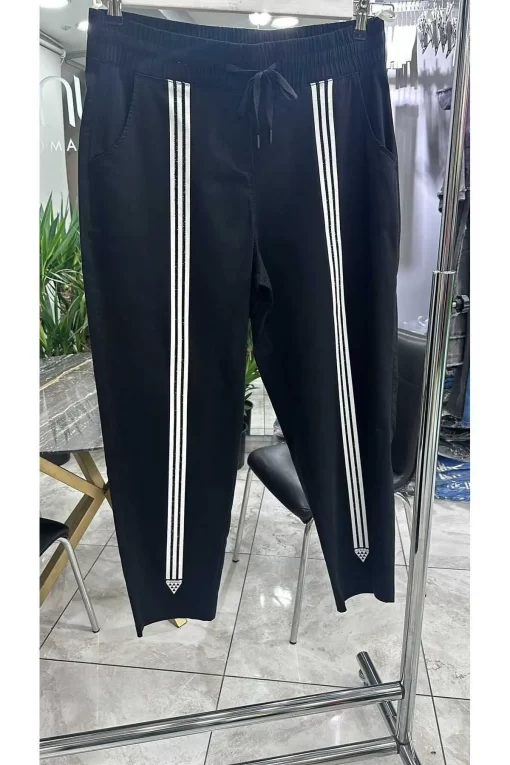 Şeritli Siyah Spor Likralı Kadın Pantolon